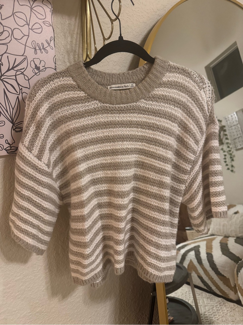 Abercrombie & Fitch Cream and Taupe Striped Crewneck Sweater